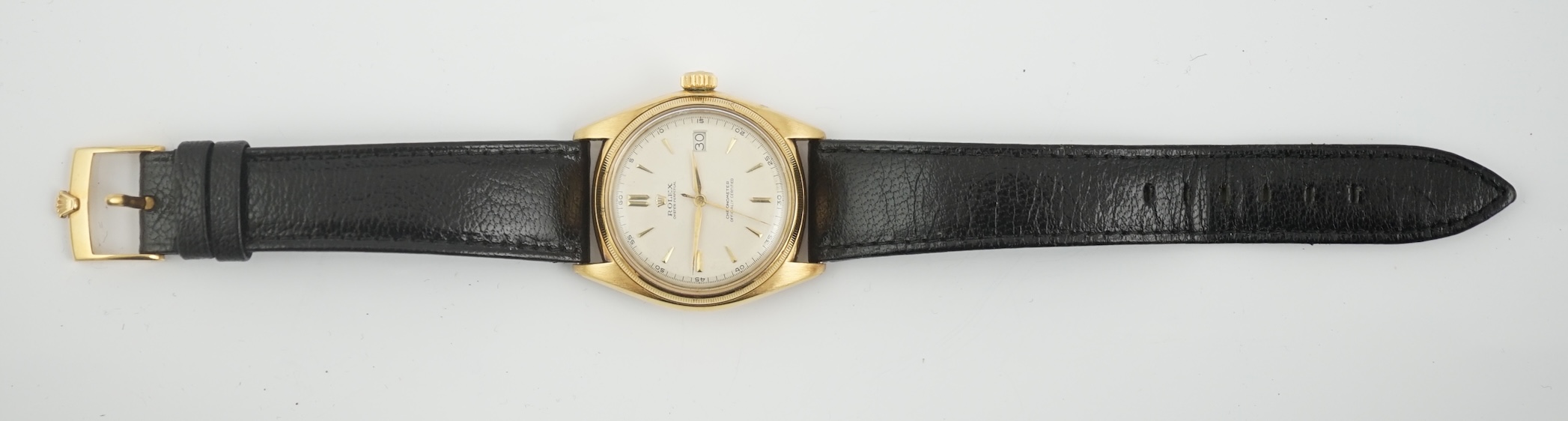 A gentleman's late 1940's 18ct gold Rolex Oyster perpetual chronometer bubble back wrist watch